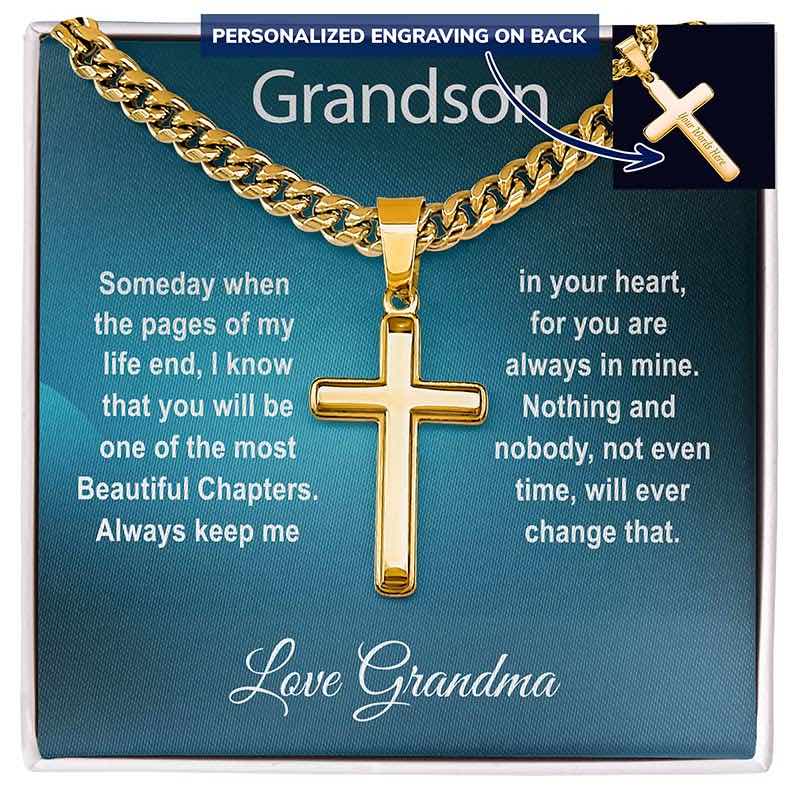 grandson cross necklace: Gold cross necklace with sentimental message on a blue card, personalized for a grandson.