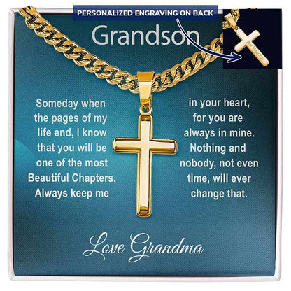 grandson cross necklace: Gold cross necklace with sentimental message on a blue card, personalized for a grandson.