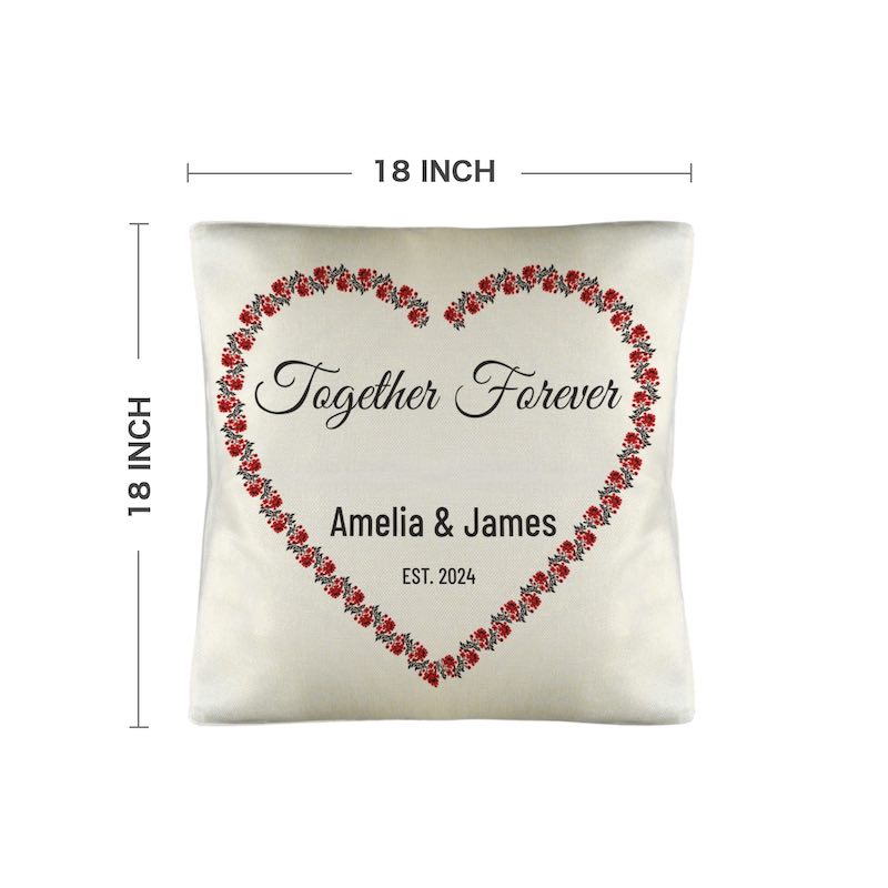 Decorative pillow with 'Together Forever' text and floral heart design, dimensions shown.