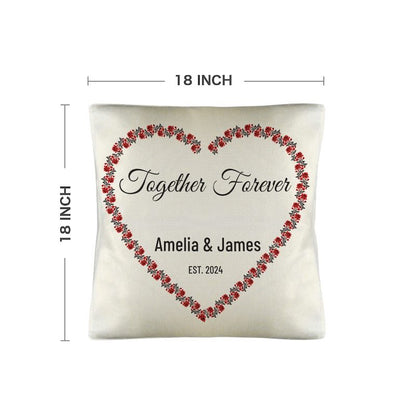 Decorative pillow with 'Together Forever' text and floral heart design, dimensions shown.