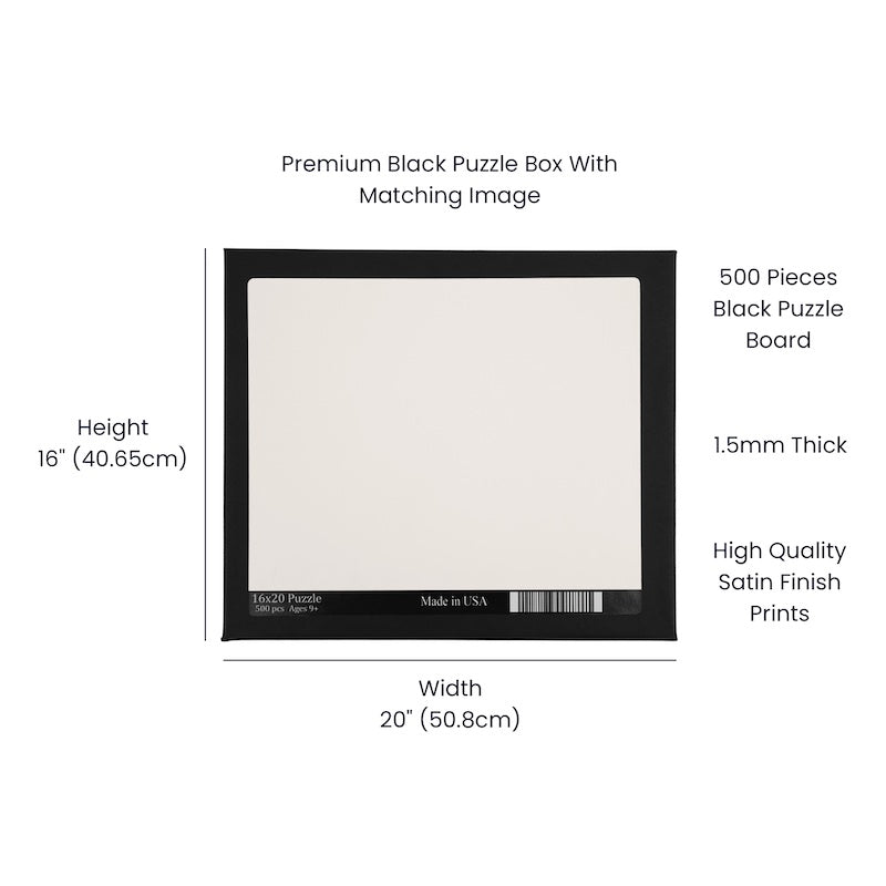 Custom photo puzzle size diagram showing 16x20 inch dimensions and product specifications on a black box template.