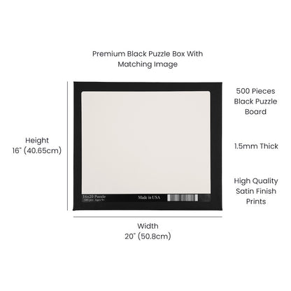 Custom photo puzzle size diagram showing 16x20 inch dimensions and product specifications on a black box template.