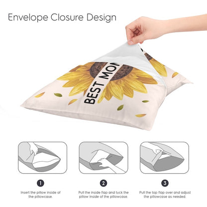 Demonstration graphic titled "Envelope Closure Design" showing a hand opening a "BEST MOM EVER" sunflower pillow cover, with a three-step visual guide below illustrating how to insert, tuck, and adjust a pillow using the envelope flap closure.