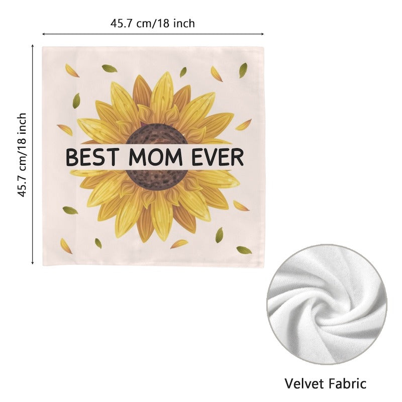 Product diagram for a square "BEST MOM EVER" sunflower pillow cover showing dimensions of 45.7 cm by 45.7 cm (18 inches by 18 inches) with a circular inset highlighting the soft white velvet fabric texture.