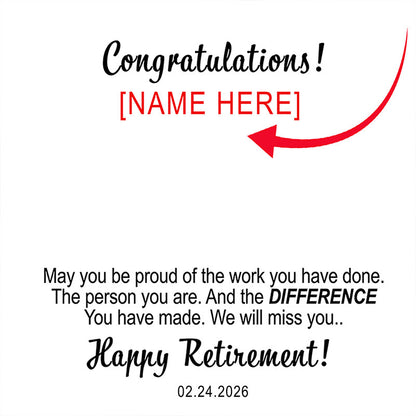 Retirement card with personalized name field and congratulatory message.