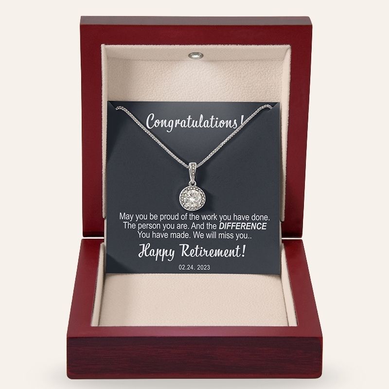 retirement gift for woman coworker - Necklace with a pendant in a wooden box with a personalized message card.