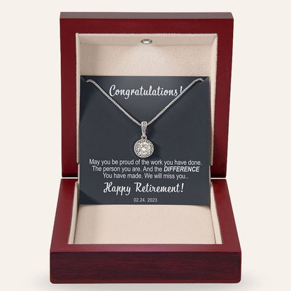 retirement gift for woman coworker - Necklace with a pendant in a wooden box with a personalized message card.