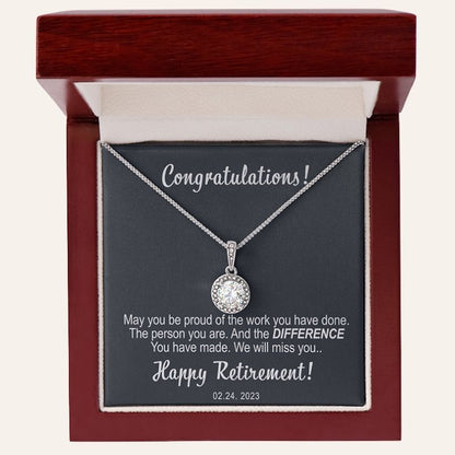 retirement gifts ideas - retirement necklace with a message card in a wooden box
