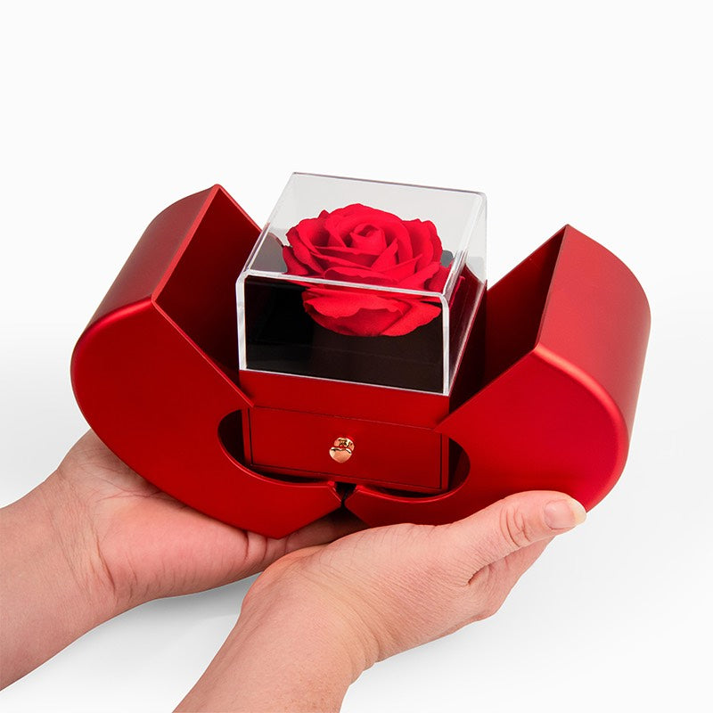 Red heart-shaped box with a clear cube containing a red rose, held by a hand on a white background.