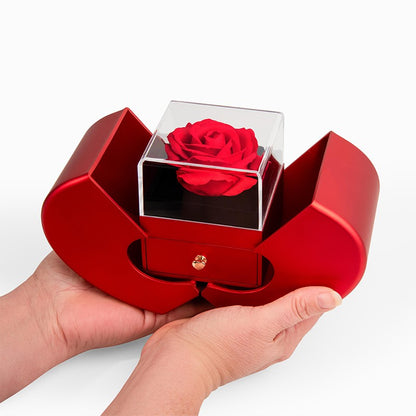 Red heart-shaped box with a clear cube containing a red rose, held by a hand on a white background.