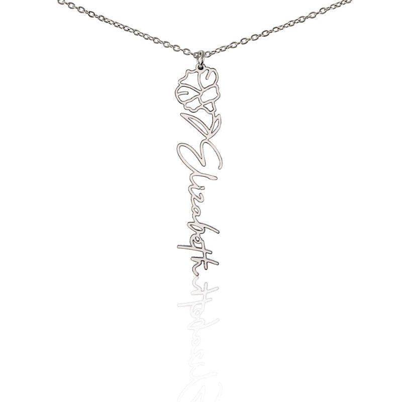 Silver flower birth name necklace with September birth flower morning glory pendant and personalized "Elizabeth' engraving on a white background