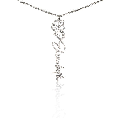 Silver flower birth name necklace with September birth flower morning glory pendant and personalized "Elizabeth' engraving on a white background