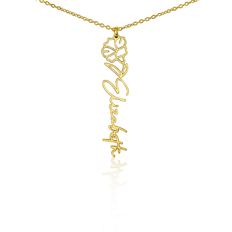 Gold name necklace with September birth flower morning glory pendant and personalized 'Elizabeth' engraving on a white background