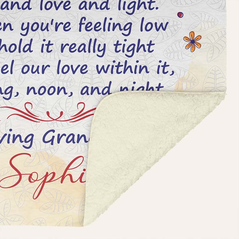 Beige blanket with floral design and text for grandmother, showing the underside white sherpa, on a white background.