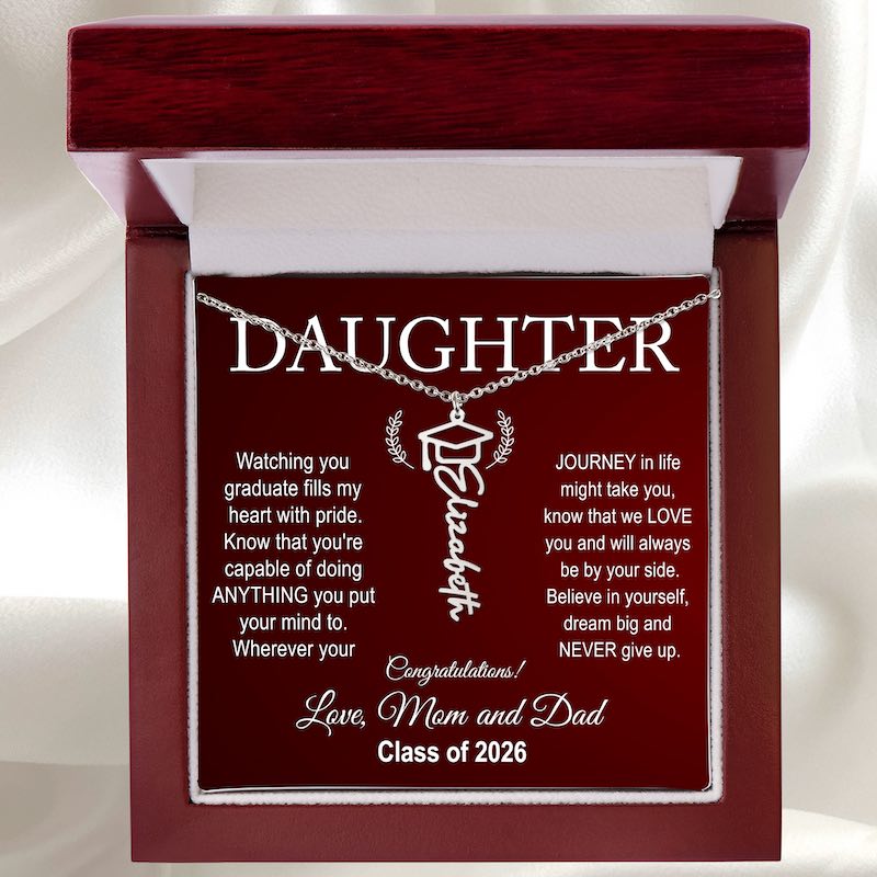 Daughter graduation gift necklace with sentimental message on a red box
