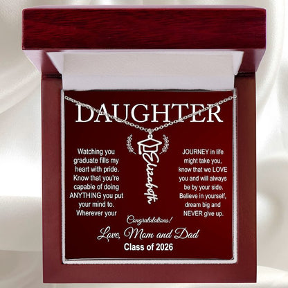 Daughter graduation gift necklace with sentimental message on a red box