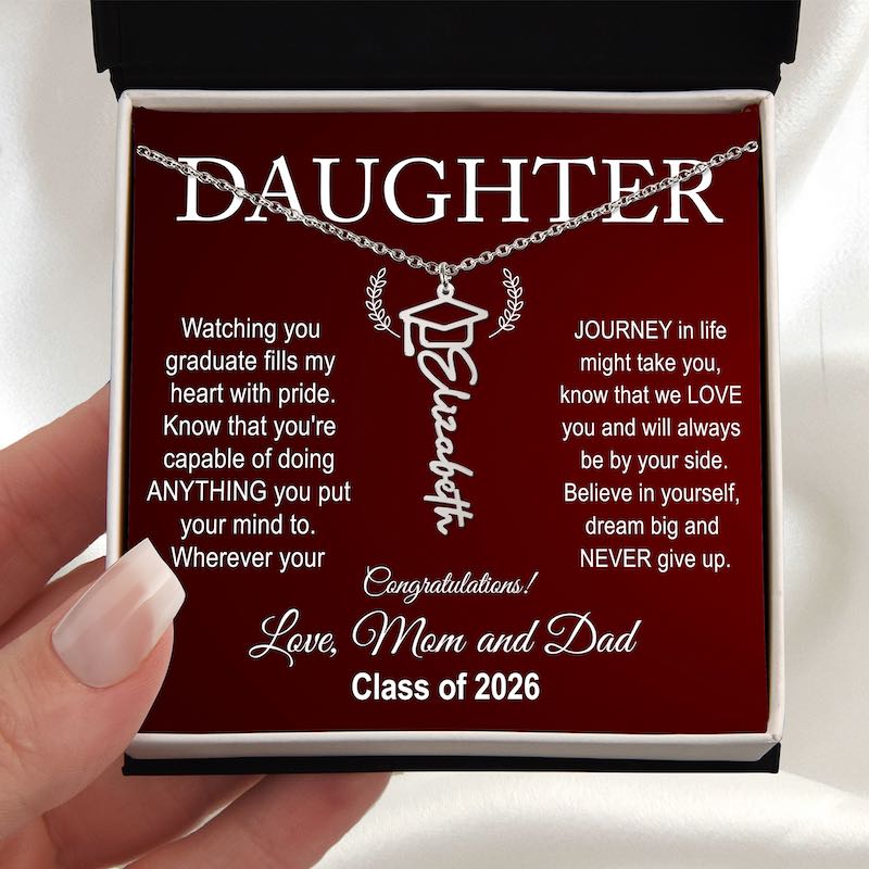 Graduation necklace in a box with personalized message for a daughter, Class of 2026.