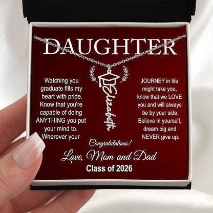 Graduation necklace in a box with personalized message for a daughter, Class of 2026.
