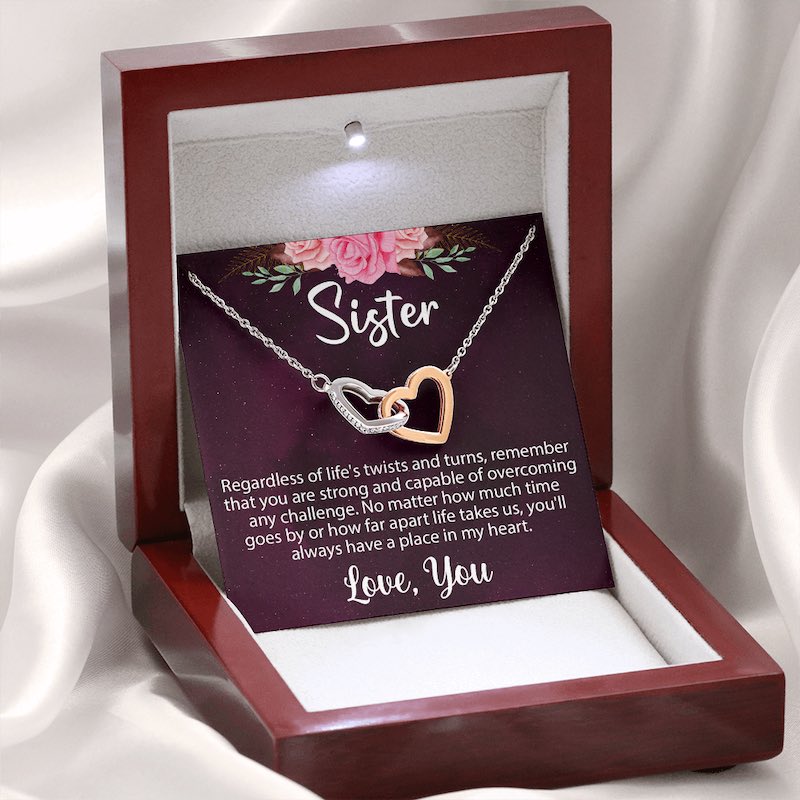 Personalized Gift for Sister Custom Card With Two Hearts Necklace