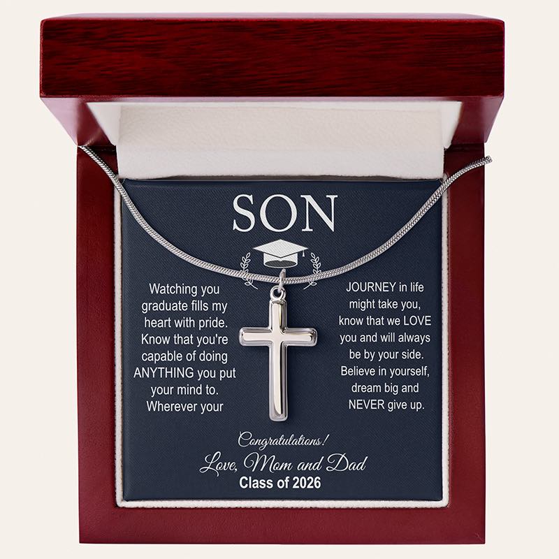 Son graduation gift ideas: silver cross necklace in a graduation-themed gift box with text and a wooden box lid.