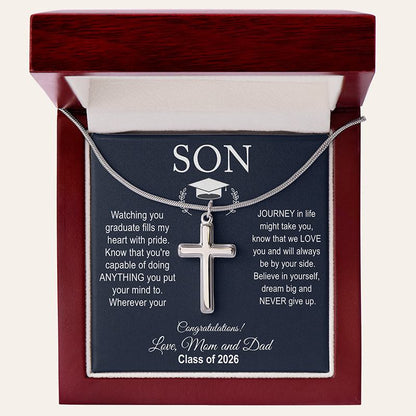 Son graduation gift ideas: silver cross necklace in a graduation-themed gift box with text and a wooden box lid.
