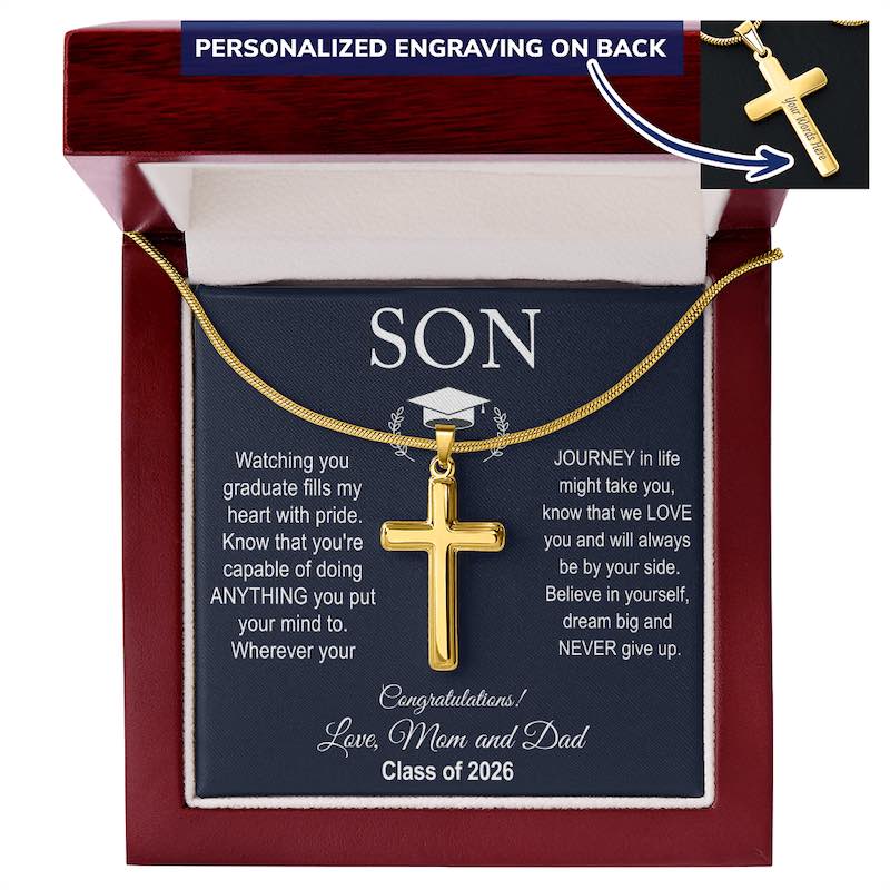 Graduation gifts for son from mom: gold cross necklace with sentimental message card in a gift box, suitable for a son graduating in 2026.