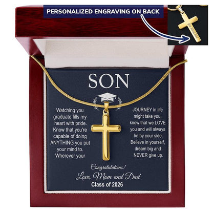 Graduation gifts for son from mom: gold cross necklace with sentimental message card in a gift box, suitable for a son graduating in 2026.
