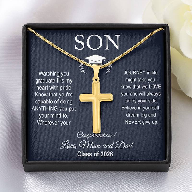 High school graduation gift gold cross necklace in a gift box with message for a son, Class of 2026.