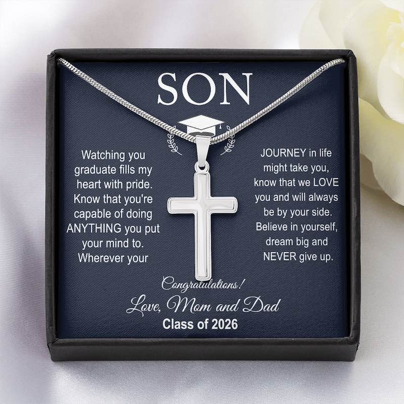 Silver cross necklace in a gift box with message for a son graduation, Class of 2026.