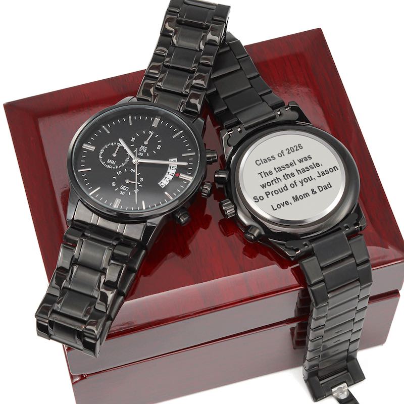 congrats grad: black wristwatch with 'Class of 2026' son personalized engraving on a luxury box.