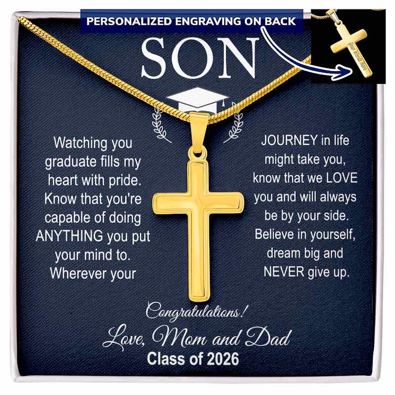 Gold cross necklace with son graduation message on a blue card