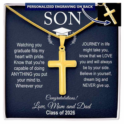 Gold cross necklace with son graduation message on a blue card