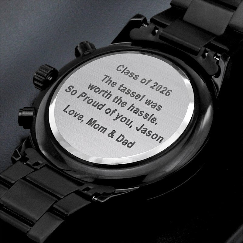 grad gifts: black watch with engraved message 'Class of 2026' on a dark background.