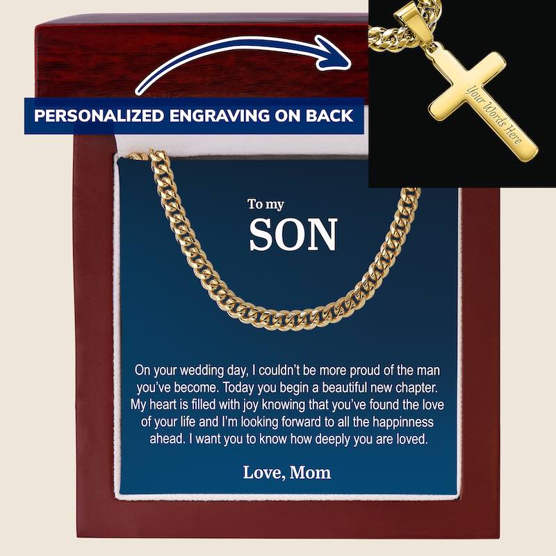 unique gifts for son on wedding day: gold chain necklace with cross pendant on a personalized card, set against a beige background.