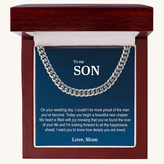wedding gift for son: silver Cuban link chain necklace on a card with a personalized message, in a wooden box.
