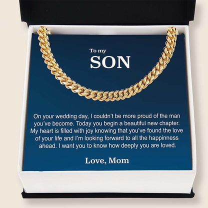 necklace for son from mom: gold Cuban link chain necklace in a box, personalized message to 'Son' on wedding day.