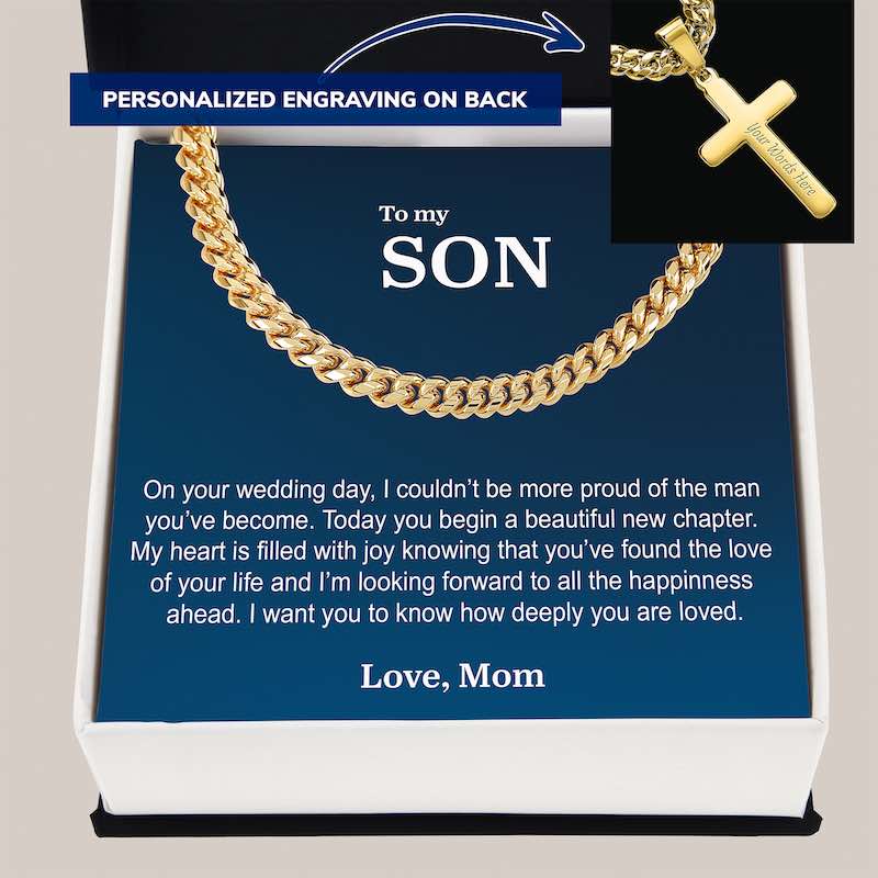 necklace for son from mom: gold chain necklace with cross pendant in a box, personalized message to 'Son' on wedding day.
