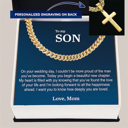 necklace for son from mom: gold chain necklace with cross pendant in a box, personalized message to 'Son' on wedding day.