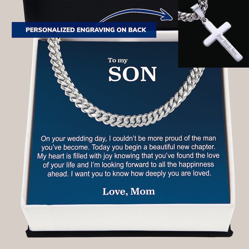 sentimental gift for son on his wedding day: silver chain necklace with cross pendant in a gift box with personalized message to 'Son'.