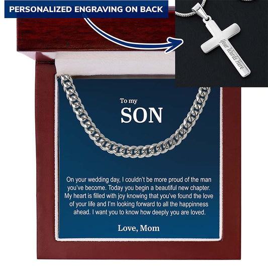 wedding gift for son: silver necklace with cross pendant on a card with personalized message, in a wooden box.