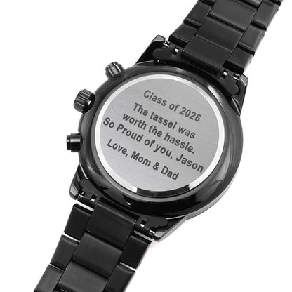 men graduation gift: black watch with engraved message on a white background.