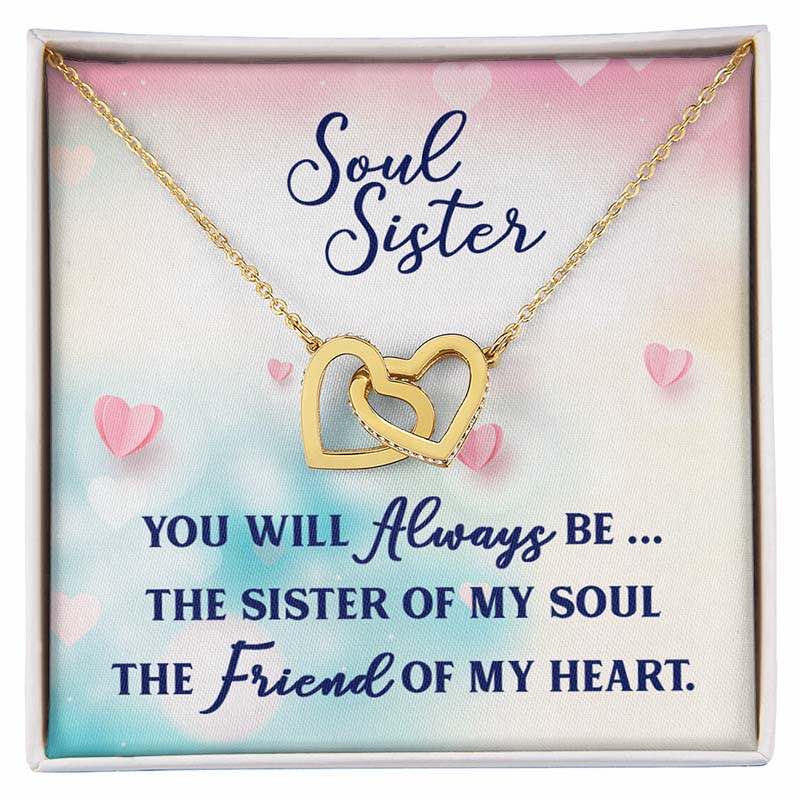 Gold necklace with interlocking hearts on a card with 'Soul Sister' message