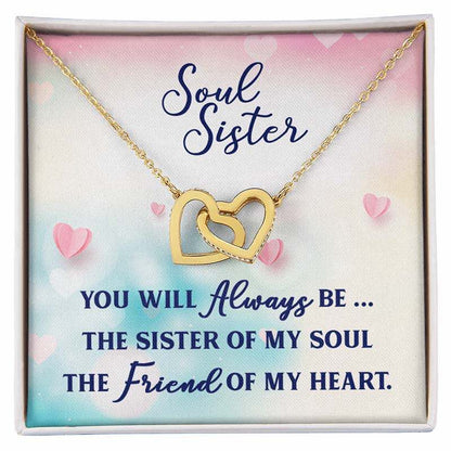 Gold necklace with interlocking hearts on a card with 'Soul Sister' message