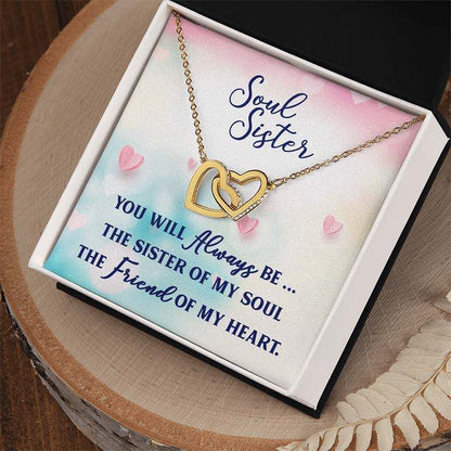 Gold necklace with interlocking hearts in a gift box with 'Soul Sister' message.