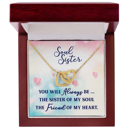 Soul sister personalized gift: Gold necklace with interlocking hearts in a gift box with 'Soul Sister' message