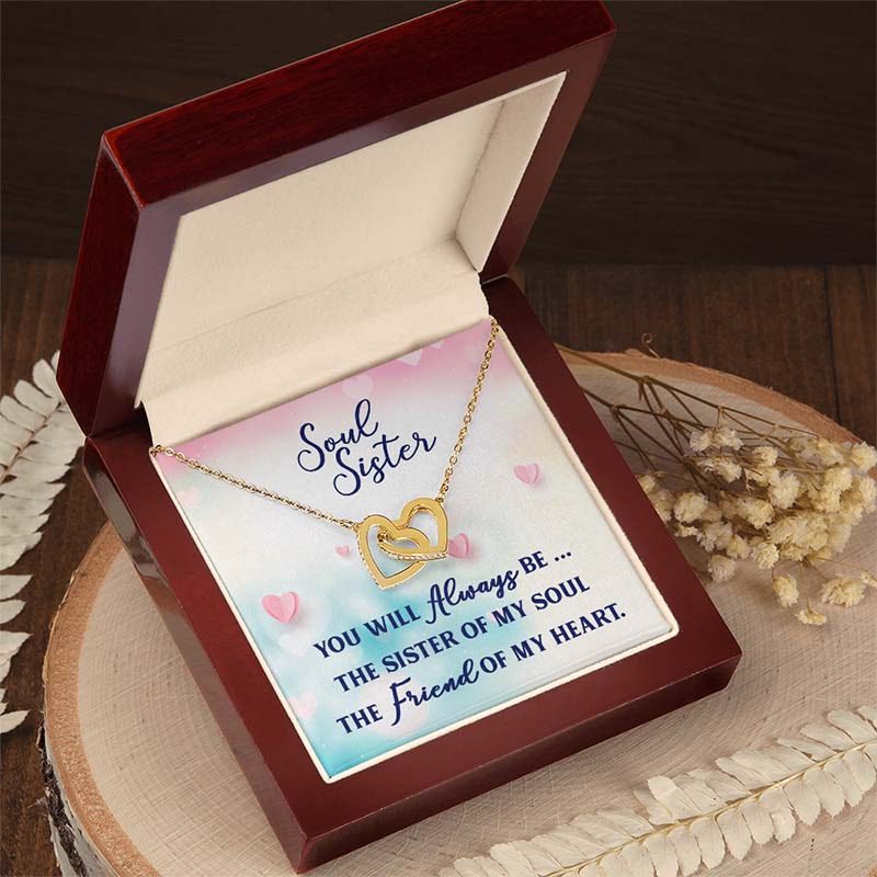 Soul sister necklace: Gold necklace with interlocking hearts in a gift box with a sentimental message card.