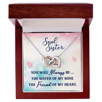 Soul sister necklace with interlocking heart pendants in a wooden box with a sentimental message card.
