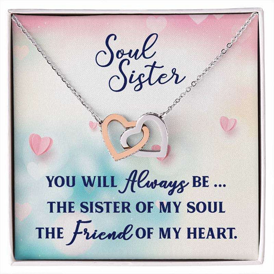 Necklace with interlocking heart pendants on a 'Soul Sister' card with sentimental text.