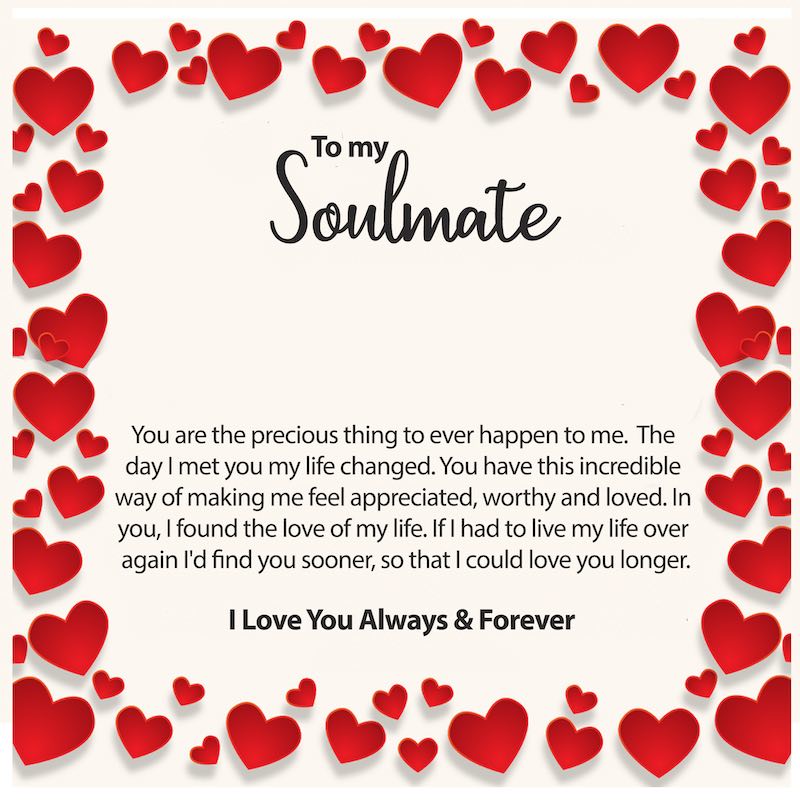 Card with red hearts and a romantic message to 'my Soulmate' on a white background.