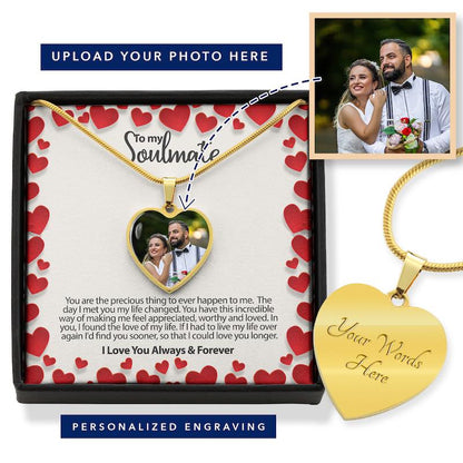 Personalized heart-shaped necklace with photo insert and message card, addressed to a soulmate.